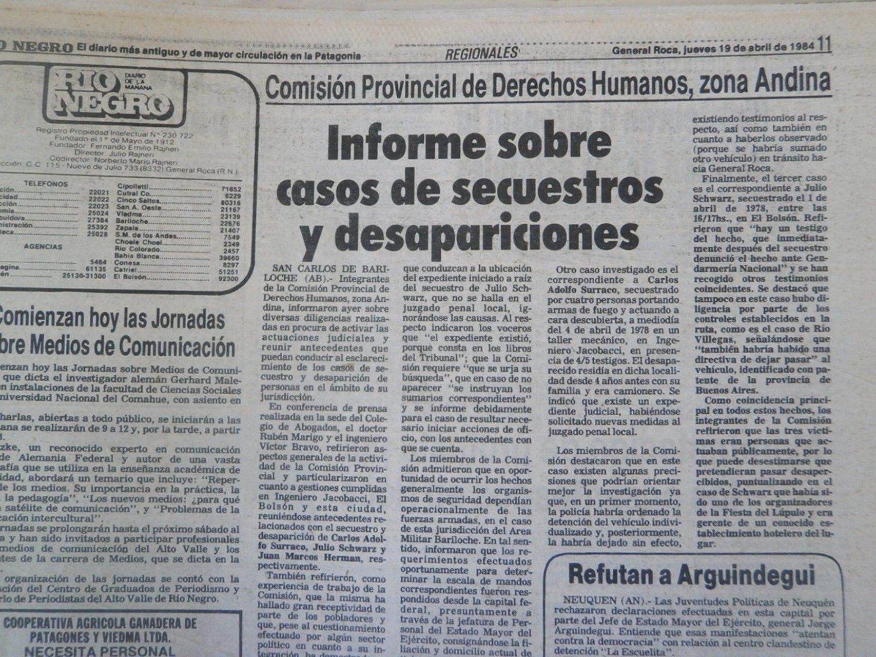 Diario Río Negro, abril de 1984. Fuente: archivo personal de Ayelén Mereb.